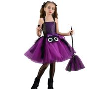 IDOPIP Bambino Ragno Ragno Costume Da Strega Adolescente Con Scopa E Forcina Per Carnevale Festa Fantasia Parata Tulle Tutu Abito Viola 10-12Y