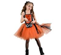 IDOPIP Bambino Ragno Ragno Costume Da Strega Adolescente Con Scopa E Forcina Per Carnevale Festa Fantasia Parata Tulle Tutu Abito Arancione 4-5Y