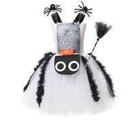 IDOPIP Bambino Ragno Ragno Costume Da Strega Adolescente Con Scopa E Forcina Per Carnevale Festa Fantasia Parata Tulle Tutu Abito Bianco 6-7Y