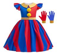 IDOPIP Costume da clown da circo, per bambine, per feste di Halloween, cosplay, arcobaleno, a righe, con guanti, per carnevale, concorsi di compleanno, rosso e blu, 5-6 anni