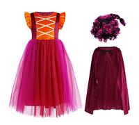 IDOPIP Costume da Sarah Sanderson da bambina, con parrucca, mantello, mantello, costume da strega, per cosplay, Halloween, carnevale, cosplay, feste, colore: rosso vino + parrucca, 4-5 anni