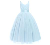 IDOPIP Ragazza Fiori Principessa Abito Lungo Pieghettato Matrimonio Damigella d'onore Abito Da Sfera Ricamo Fiore Pizzo Elegante Scollo a V, Azzurro, 9-10 Anni