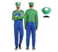 IDOTTA Kit di accessori per costume cosplay Mario per adulti, donne e uomini, con body, cappello Luigi, berretto, baffi, guanti bianchi, 4 pezzi, costume per Halloween
