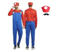 IDOTTA Kit di accessori per costume cosplay Mario per adulti, donne e uomini, con body, cappello Luigi, berretto, baffi, guanti bianchi, 4 pezzi, costume per Halloween