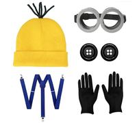 IDOTTA Set di 5 accessori per costume di Halloween gialli per donne adulte occhiali occhiali berretto giallo cappelli guanti bottoni bretelle cosplay party set