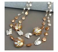 IDUTQUMW 20" 2 fili di perla keshi bianca Perla moneta d'oro Colore oro Avvolgimento del bordo Collana con avvolgimento di perle Collana da festa fatta a mano