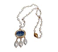 IDUTQUMW Collana a catena con rosario di perle d'acqua dolce bianche coltivate naturali, ciondolo con perla di riso blu cianite, 45,7 cm