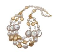 IDUTQUMW Collana girocollo con perle di riso bianco coltivato a 3 fili, perla d'acqua dolce, perla moneta bianca. Collana girocollo con perline placcate oro spazzolato