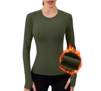 IECCP Maglietta sportiva da donna, a maniche lunghe, in pile, termica, per autunno, inverno, per allenamento, fitness, con fori per il pollice, per sport, corsa, fitness, verde militare, M