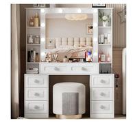 IEDHNGXN sedia da scrivania, organizer per il trucco Mobiletto For Il Trucco In Stile Fattoria Con Specchio Illuminato E Stazione Di Ricarica, Scrivania 3 Modalità Luminosità