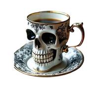 IEEDFJKK Set di tazze di Halloween, set tazze e piatti da caffè con teschio resistenti per i rituali quotidiani del caffè, tazza con teschio in resina, UN, Porta un piatto