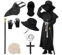 IEEILULU Costume da pestdottore per bambini, Plague Doctor Costume per ragazzo, Medievale Pest Dottore, con maschera di pestdottore, scettro, cappello, Halloween Cospaly Costume per Carnevale (140 cm)