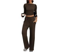 IEEILULU Due Pezzi Completi da Casual Confortevole Donna, Moda Casa Jogging Top con Maniche Lunghe e Pieghe e Laterali e Pantaloni Larghi per Casa e Viaggi (Marrone, M)