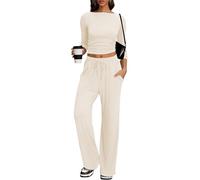 IEEILULU Due Pezzi Completi da Casual Confortevole Donna, Moda Casa Jogging Top con Maniche Lunghe e Pieghe e Laterali e Pantaloni Larghi per Casa e Viaggi (Albicocca, M)