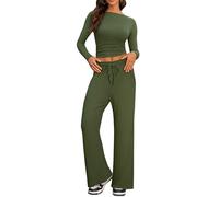 IEEILULU Due Pezzi Completi da Casual Confortevole Donna, Moda Casa Jogging Top con Maniche Lunghe e Pieghe e Laterali e Pantaloni Larghi per Casa e Viaggi (Verde, XL)