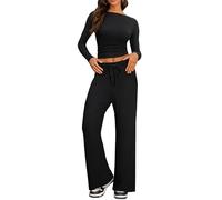 IEEILULU Due Pezzi Completi da Casual Confortevole Donna, Moda Casa Jogging Top con Maniche Lunghe e Pieghe e Laterali e Pantaloni Larghi per Casa e Viaggi (Nero, XL)