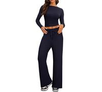 IEEILULU Due Pezzi Completi da Casual Confortevole Donna, Moda Casa Jogging Top con Maniche Lunghe e Pieghe e Laterali e Pantaloni Larghi per Casa e Viaggi (Blu navy, S)