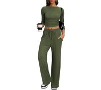 IEEILULU Due Pezzi Completi da Casual Confortevole Donna, Moda Casa Jogging Top con Maniche Lunghe e Pieghe e Laterali e Pantaloni Larghi per Casa e Viaggi (Verde, L)