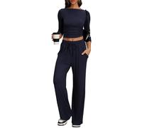 IEEILULU Due Pezzi Completi da Casual Confortevole Donna, Moda Casa Jogging Top con Maniche Lunghe e Pieghe e Laterali e Pantaloni Larghi per Casa e Viaggi (Blu navy, L)