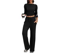 IEEILULU Due Pezzi Completi da Casual Confortevole Donna, Moda Casa Jogging Top con Maniche Lunghe e Pieghe e Laterali e Pantaloni Larghi per Casa e Viaggi (Nero, M)