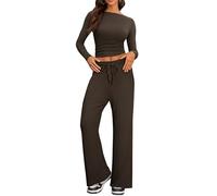 IEEILULU Due Pezzi Completi da Casual Confortevole Donna, Moda Casa Jogging Top con Maniche Lunghe e Pieghe e Laterali e Pantaloni Larghi per Casa e Viaggi (Marrone, S)