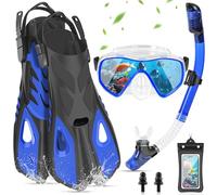 IEEILULU Set di Boccaglio Adulti, Set da Snorkeling 7 Pezzi con Occhiali da Immersione Antiappannante Boccaglio e Pinne Regolabili, Snorkeling Accessori Completi con Borsa, Due Taglie (Blu, S/M)