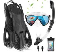 IEEILULU Set di Boccaglio Adulti, Set da Snorkeling 7 Pezzi con Occhiali da Immersione Antiappannante Boccaglio e Pinne Regolabili, Snorkeling Accessori Completi con Borsa, Due Taglie (Nero, S/M)