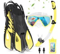 IEEILULU Set di Boccaglio Adulti, Set da Snorkeling 7 Pezzi con Occhiali da Immersione Antiappannante Boccaglio e Pinne Regolabili, Snorkeling Accessori Completi con Borsa, Due Taglie (Giallo, L/XL)
