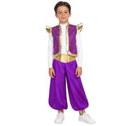 iEFiEL 2 Pezzi Costume da Principe Arabo per Bambini Gilet Aperto Lucido + Pantaloni Gamba Larga in Raso Costume Fiaba Cosplay Carnevale Halloween B Viola 11-12 anni