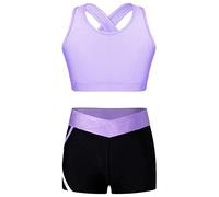 iEFiEL 2 Pezzi Tuta da Ginnastica Artistica Bambina Costume da Allenamento Pattinaggio Reggiseno a Crossback + Pantaloncini Completo Sportivo Yoga Corsa Tennis Lanvanda 5-6 Anni