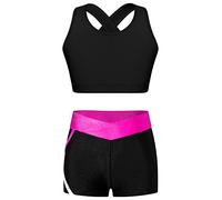 iEFiEL 2 Pezzi Tuta da Ginnastica Artistica Bambina Costume da Allenamento Pattinaggio Reggiseno a Crossback + Pantaloncini Completo Sportivo Yoga Corsa Tennis Rosa Nera 7-8 Anni