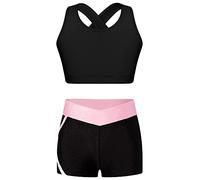 iEFiEL 2 Pezzi Tuta da Ginnastica Artistica Bambina Costume da Allenamento Pattinaggio Reggiseno a Crossback + Pantaloncini Completo Sportivo Yoga Corsa Tennis Nero&Rosa 15-16 Anni