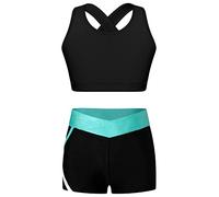 iEFiEL 2 Pezzi Tuta da Ginnastica Artistica Bambina Costume da Allenamento Pattinaggio Reggiseno a Crossback + Pantaloncini Completo Sportivo Yoga Corsa Tennis Nero&Blu 9-10 Anni