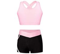 iEFiEL 2 Pezzi Tuta da Ginnastica Artistica Bambina Costume da Allenamento Pattinaggio Reggiseno a Crossback + Pantaloncini Completo Sportivo Yoga Corsa Tennis Rosa 11-12 Anni