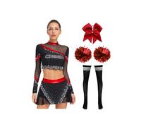 iEFiEL 5 Pezzi Costume da Cheer-leader Donna Abito Manica Lunga Cheer Leader Gonna a Pieghe Vestito Cheerleading con Pompon per Donna Festa Cosplay Halloween A Rosso M