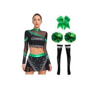 iEFiEL 5 Pezzi Costume da Cheer-leader Donna Abito Manica Lunga Cheer Leader Gonna a Pieghe Vestito Cheerleading con Pompon per Donna Festa Cosplay Halloween A Verde L