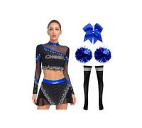 iEFiEL 5 Pezzi Costume da Cheer-leader Donna Abito Manica Lunga Cheer Leader Gonna a Pieghe Vestito Cheerleading con Pompon per Donna Festa Cosplay Halloween A Blu reale S