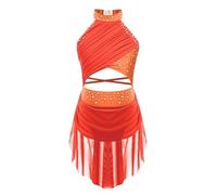 iEFiEL Abito da Pattinaggio Artistico per Ragazza Vestito da Danza Lirica Moderna Senza Manica Abito da Balletto Ballerina Salsa Rumba Tango Dancewear Arancione Fluorescente 15-16 Anni