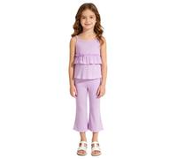 iEFiEL Bambini Tuta Completo Top E Pantaloni Completi Due Pezzi Da Giovane | Coprispalle In Pizzo,Senza Maniche,Due Pezzi,Pantaloni A Campana,Top Con Frange,Ampio,Set Coordinato,Vacanze,Adatto Gioco