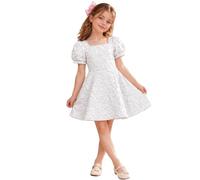 iEFiEL Bambini Vestito Elegante Comunione Abito Cerimonia da per 10 Anni | Design Vestito In Jacquard Con Fiori 3D,Collo Quadrato Maniche A Sbuffo,Linea Sopra Il Ginocchio,Vacanze Estive,Festa Sera