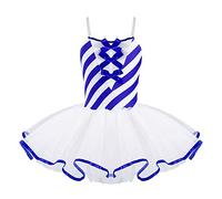 iEFiEL Body da Balletto Bambina Tutu Leotards Vestito Danza Classica Body a Righe Fiocco Abito da Pattinaggio Artistico Ballerina Abito da Ballo Latino Costumi di Danza Blu 3-4 Anni