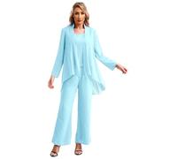 iEFiEL Completi Donna Elegante Tailleur Completi Formale Set 3 Pezzi Tinta Unita Top Canotta Cardigan Aperto sul Davanti Pantaloni Lunghi Abbigliamento da Cerimonia Festa A Cielo Blu L