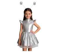 iEFiEL Costume Di Alieno Per Bambini Costume Aliena Da Alieno Bambina Cosplay Halloween Natale Astronauta Alien Vestito Metallico B Argento 7-8 anni