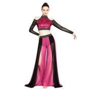 iEFiEL Donna Abbigliamento da Ballo Lirico A Due Pezzi Truccoletti con Sequine + Pantaloni Largo Pantalone Fenduti Completo Danza del Ventre Rosa Scuro 3XL