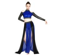iEFiEL Donna Abbigliamento da Ballo Lirico A Due Pezzi Truccoletti con Sequine + Pantaloni Largo Pantalone Fenduti Completo Danza del Ventre Blu Reale M