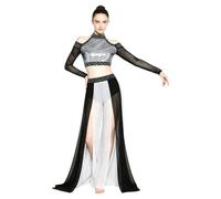 iEFiEL Donna Abbigliamento da Ballo Lirico A Due Pezzi Truccoletti con Sequine + Pantaloni Largo Pantalone Fenduti Completo Danza del Ventre Bianco XXL