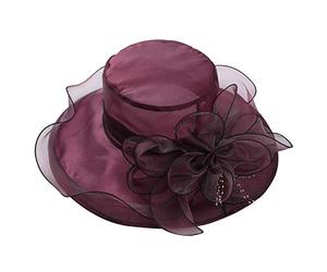iEFiEL Donna Cappello da Sole Protezione Estate Donne Cappello da Spiaggia della Chiesa Tesa Cappelli da Sposa Cerimonia Organza Cappello Larga con Grande Fiore Elegante Rosso Vino Taglia Unica