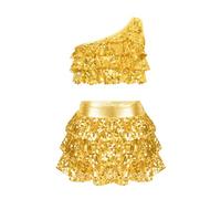 iEFiEL Ragazz Abito da Ballo Latino in Paillettes Top Monospalla Lucido e Gonna da Danza Tutu Costume da Ballo Jazz Salsa Rumba Samba A Oro A 13-14 Anni