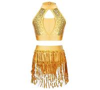 iEFiEL Tuta da Danza Lucido per Bambine Ragazze Set 2 Pezzi da Latino con Paillettes Canotta Senza Mania Gonna Corta con Nappe Tuta da Ballo Jazz Samba Salsa Dancewear Giallo 15-16 Anni