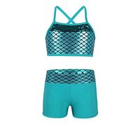 iEFiEL Tuta da Ginnastica Artistica Bambina Due Pezzi Crop Top Corto Canotteria Pantaloncini Sportivi Completo Sportivo Vestito Danza Classica Jazz Hip Hop Danza Moderna Lago Blu A 10 Anni